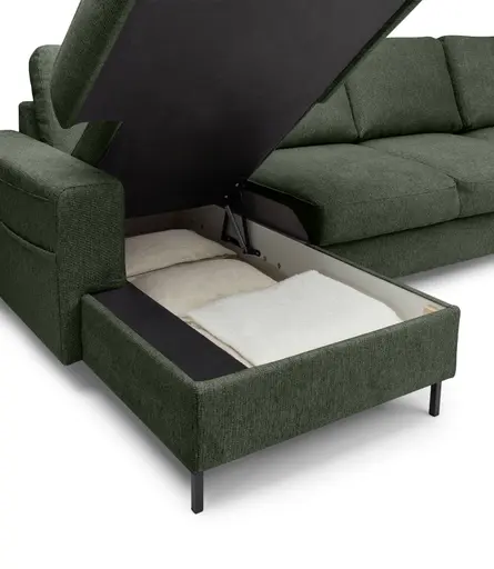 Wohnlandschaft - Longchair links mit 2-Sitzer und Ecke rechts, Stoff, Dunkelgrün