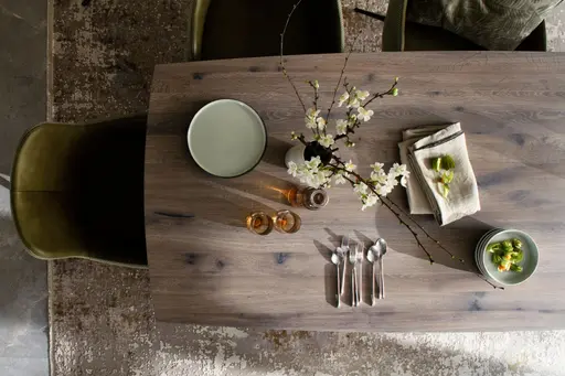 Esstisch 3100 - LB ca. 220x100 cm, Asteiche massiv, Geräuchert, Bianco, Stahlwange, Schwarz