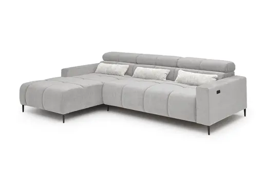 Ecksofa - Longchair links mit 2-Sizer, Sitztiefe verstellbar motorisch/Kopfteil verstellbar, Stoff, Silbergrau
