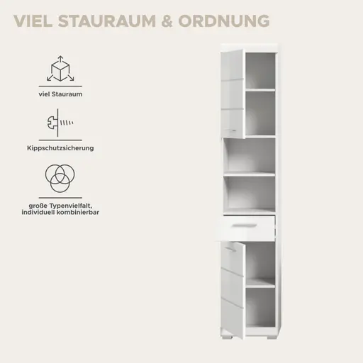 Hochschrank - B ca. 37 cm, Weiß, Weiß Hochglanz