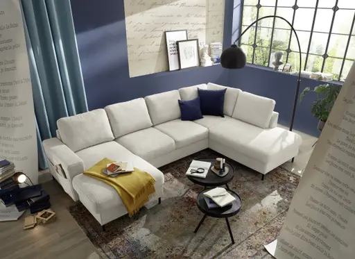 Wohnlandschaft - Longchair links mit 2-Sitzer und Ecke rechts, Stoff, Creme