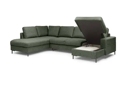 Wohnlandschaft - Ecke links mit 2-Sitzer und Longchair rechts, Stoff, Dunkelgrün