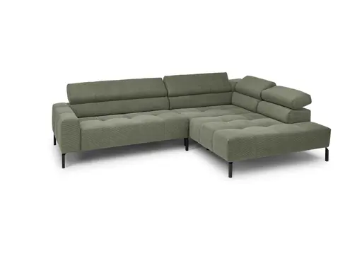 Ecksofa COLLEEN 2.0 - 2-Sitzer mit Ecke rechts, Kopfteil verstellbar, Feincord, Olive