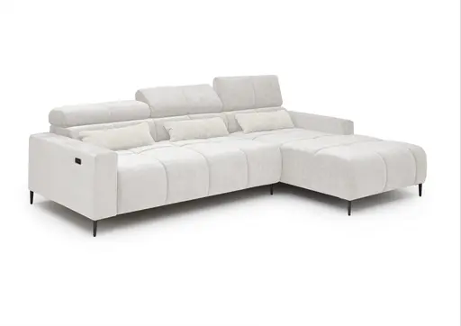 Ecksofa - 2-Sitzer mit Longchair rechts, Sitztiefe verstellbar motorisch/Kopfteil verstellbar, Stoff, Creme