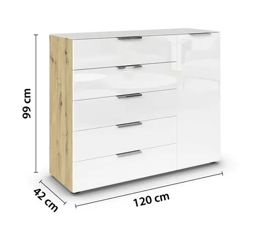 Kommode RIPP- Eiche Dekor, Glas, Weiß