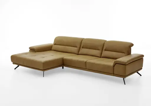 Ecksofa - 3-Sitzer mit Longchair links, Kopfteil verstellbar (manuell), Leder, Kurkuma