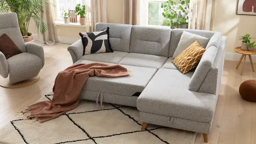 Ecksofa Almyra - 2,5-Sitzer mit Ottomane rechts, inkl. Schlaffunktion und Bettkasten, Stoff, Silbergrau