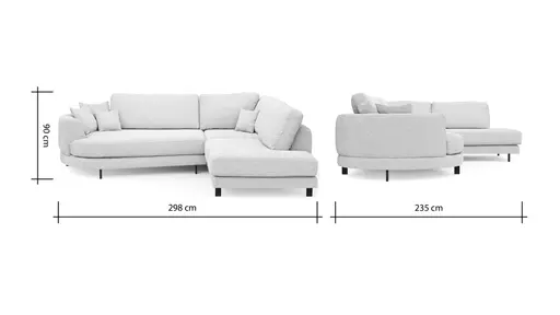 Ecksofa Solenne - Diwan rund links mit Ottomane rechts, Stoff, Weiß