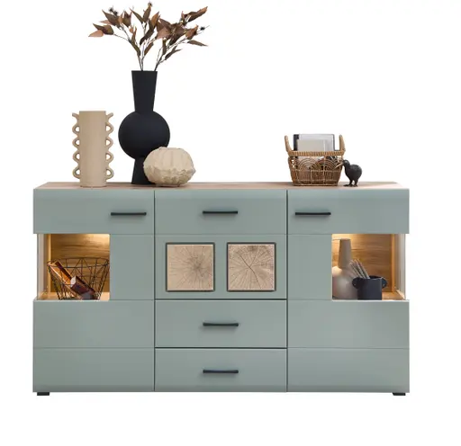 Sideboard - B ca. 170 cm, mit Beleuchtung, Schilfgrün, Viking Eiche Nachbildung