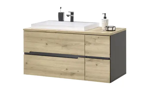 Waschbeckenunterschrank- B ca. 110 cm, Dunkelgrau, Eiche Dekor