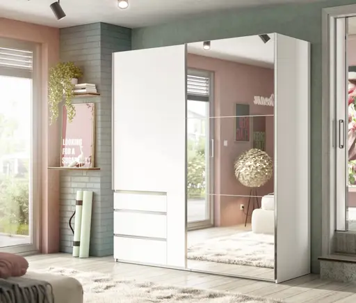  Schwebetürenschrank- B ca. 200 cm, Weiß, Spiegel