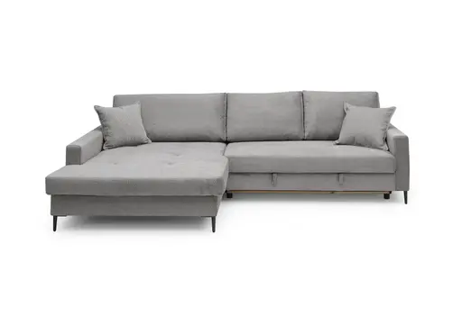 Ecksofa - Longchair links mit 3-Sitzer, Schlaffunktion mit Bettkasten, Stoff, Eisengrau