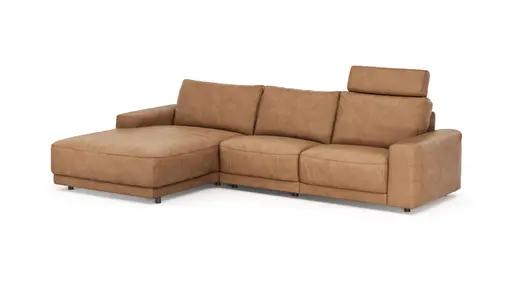 Ecksofa Balok - Longchair groß rechts mit 2,5-Sitzer, inkl. Relaxfunktion (motorisch) und Kopfstütze, Leder, Cognac
