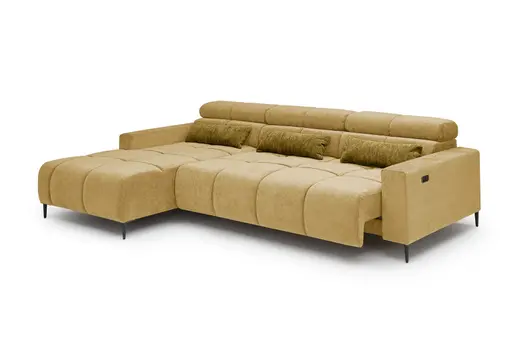 Ecksofa - Longchair links mit 2-Sizer, Sitztiefe verstellbar motorisch/Kopfteil verstellbar, Stoff, Senfgelb