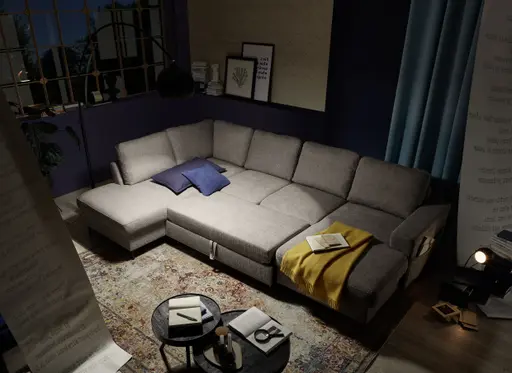 Wohnlandschaft - Ecke links mit 2-Sitzer und Longchair rechts, Stoff, Steingrau