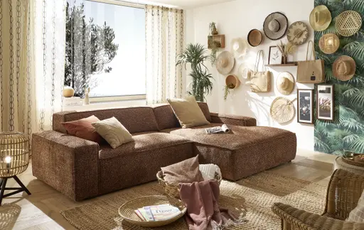 Ecksofa - 2-Sitzer mit Longchair rechts, Sitzvorzug motorisch, Stoff, Rostbraun