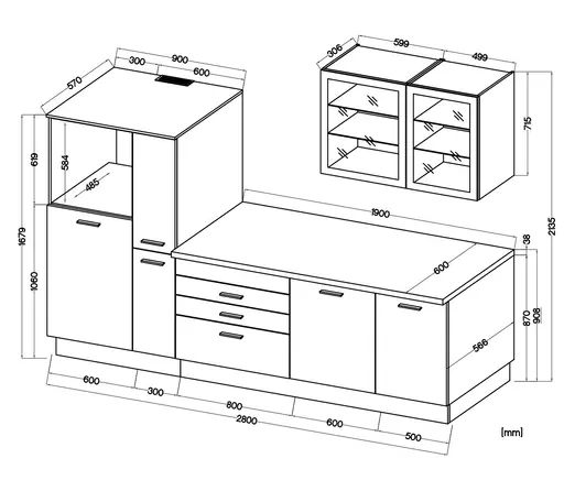 Küchenblock- ohne E-Geräte, B ca. 280 cm, Schwarz, Matt, Kaschmir, Matt