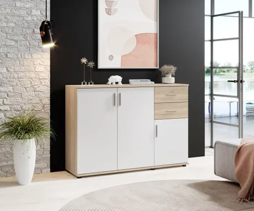 Kommode - B ca. 120 cm, Sonoma Eiche Nachbildung, Weiß