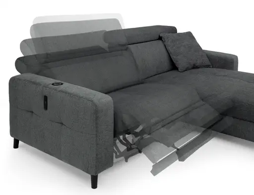 Ecksofa JANKO - 1-Sitzer mit Longchair rechts, Relaxfunktion motorisch, Stoff, Dunkelgrau