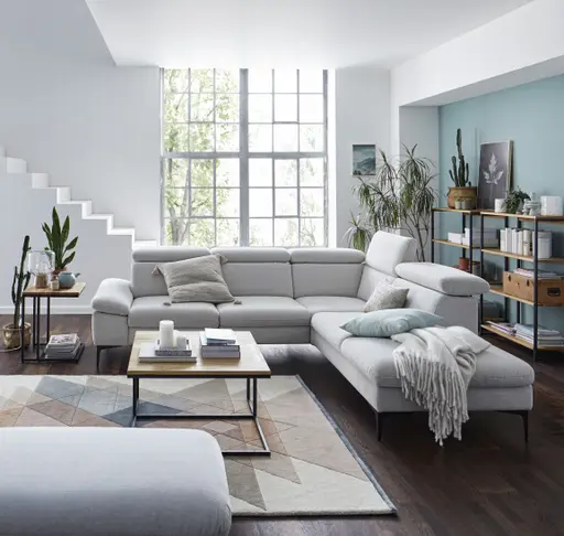 Ecksofa Felipa - 2,5-Sitzer mit Ecke rechts inkl. Kopfteil verstellbar, Stoff, Natur