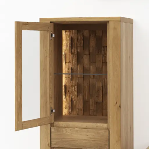 Wohnwand Bakersfield - inkl. Beleuchtung, sichtbare Rückwände mit Holzschindeln/Schubladenfront mit Schroppung, Asteiche massiv, geölt