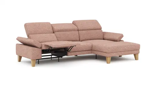 Ecksofa Hudson - 2,5-Sitzer mit Longchair rechts, inkl. Kopfteil/Armlehne verstellbar und Relaxfunktion (motorisch), Stoff, Kupfer