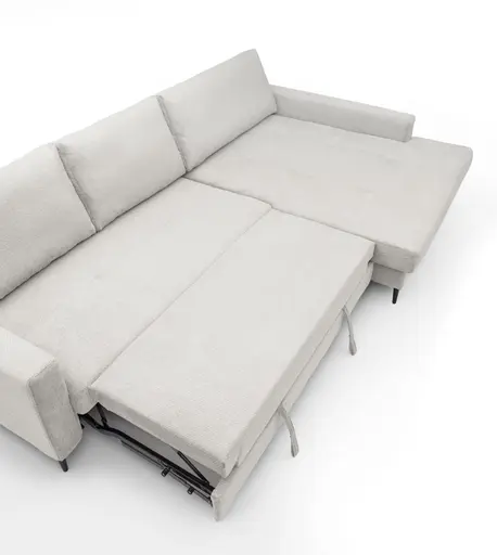 Ecksofa - 3-Sitzer mit Longchair rechts, Schlaffunktion mit Bettkasten, Stoff, Creme
