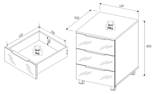 Rollcontainer - B ca. 45 cm, Riva Eiche Nachbildung, Kaschmir