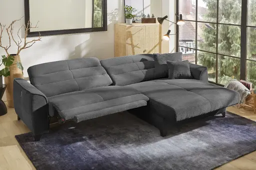 Ecksofa - 1-Sitzer mit Longchair rechts, Relaxfunktion motorisch, Kopfteil verstellbar, Cord, Grau