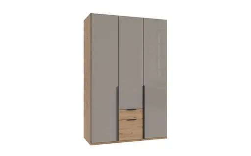 Drehtürenschrank WANJA- B ca. 135 cm, Eiche Dekor, Glas, Saharagrau