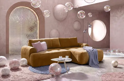 Ecksofa - 2-Sitzer mit Longchair rechts, Stoff, Goldfarben