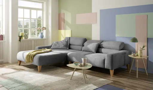 Ecksofa CHENOA - Longchair links mit 2-Sitzer, Kopfteil verstellbar, Stoff, Steingrau