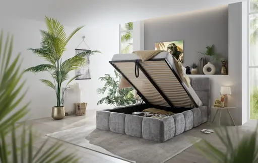 Bettgestell SANDRIN R- Liegefläche ca. 140x200 cm, Stoff, Hellgrau, inkl Latterost und Stauraum