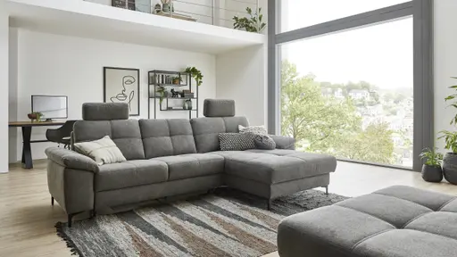 Ecksofa EM Amsterdam - 2,5-Sitzer mit Longchair rechts, Stoff, Eisengrau