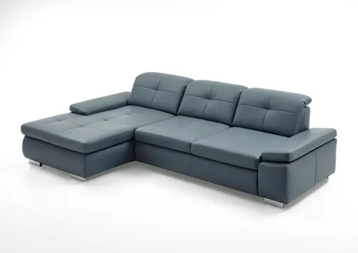 Ecksofa - Longchair links mit 3-Sitzer inkl. Sitztiefenverstellung, Leder, Graublau