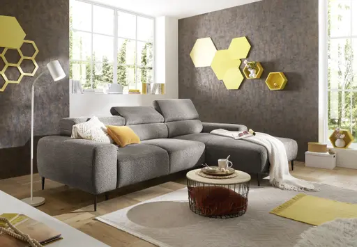 Ecksofa - 2-Sitzer mit Longchair rechts, Sitzvorzug motorisch, Kopfteil verstellbar, Stoff, Sand
