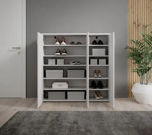 Schuhschrank - B ca. 120 cm, Weiß, Weiß Hochglanz