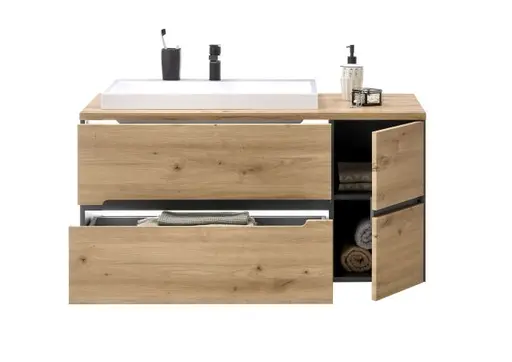 Waschbeckenunterschrank- B ca. 110 cm, Dunkelgrau, Eiche Dekor