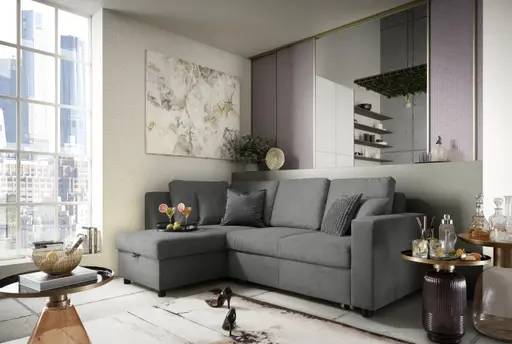 Ecksofa PRO FLEXX - Ecke links, 2-Sitzer inkl. Schlaffunktion und Bettkasten, Stoff, Steingrau