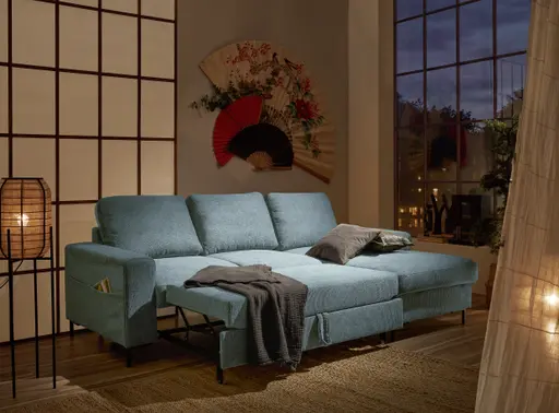 Ecksofa - 2-Sitzer mit Longchair rechts, Stoff, Azur