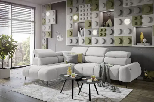 Ecksofa - Ecke links mit 2-Sitzer, Sitzvorzug motorisch, Kopfteil verstellbar, Stoff, Weiß