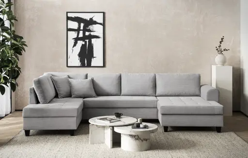 Wohnlandschaft - Longchair links, 2-Sitzer, Ecke rechts inkl. Schlaffunktion mit Bettkasten, Stoff, Hellgrau