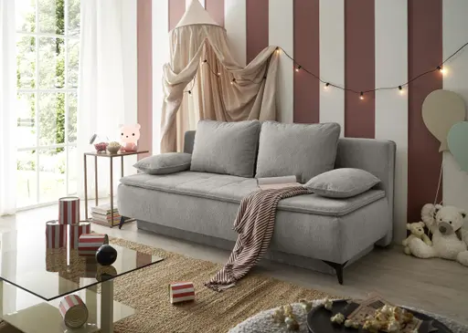 Sofa JANIN - 2-Sitzer, Schlaffunktion mit Bettkasten, Stoff, Grau
