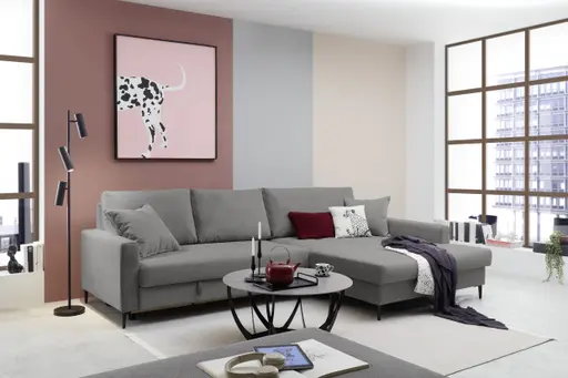 Ecksofa - 3-Sitzer mit Longchair rechts, Schlaffunktion mit Bettkasten, Stoff, Grau