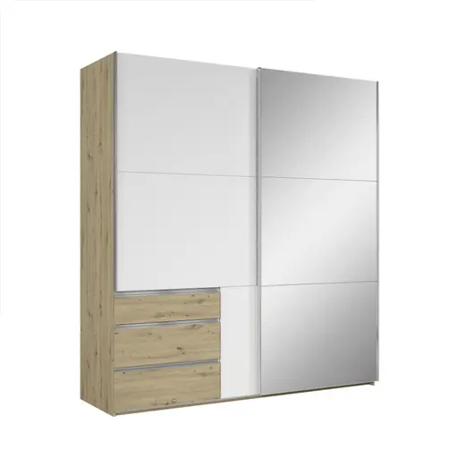 Schwebetürenschrank- B ca. 200 cm, Eiche Dekor, Weiß, Spiegel