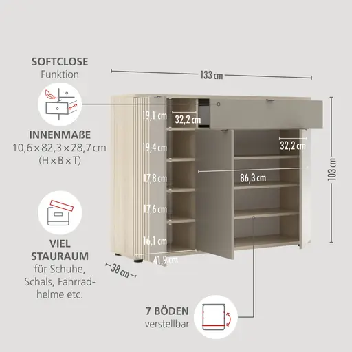 Garderobe - mit Beleuchtung, Riva Eiche Nachbildung, Basalt
