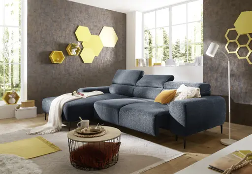 Ecksofa - Longchair links mit 2-Sitzer, Sitzvorzug motorisch, Kopfteil verstellbar, Stoff, Blau