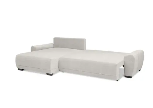 Ecksofa - Longchair links mit 2-Sitzer, Schlaffunktion mit Bettkasten, Stoff, Creme