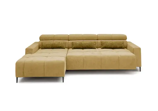 Ecksofa - Longchair links mit 2-Sizer, Sitztiefe verstellbar motorisch/Kopfteil verstellbar, Stoff, Senfgelb