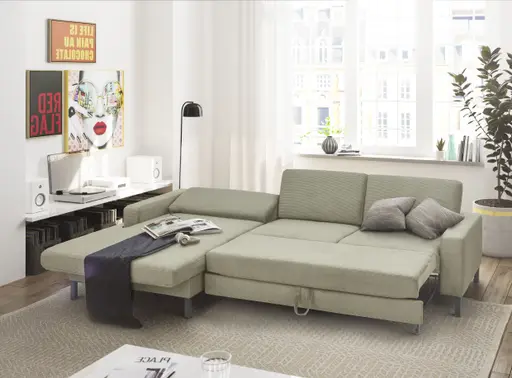 Ecksofa CALM MOVE 2.0 - Longchair links mit 2,5-Sitzer, Schlaffunktion, Feincord, Olive